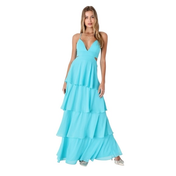 NEW Lulus Tier and Now Blue Tie-Back Tiered Maxi Dress Large #1558 - Picture 1 of 6
